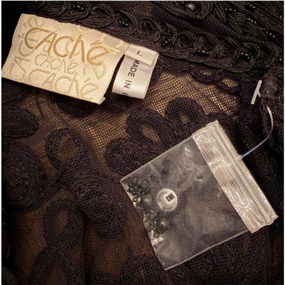 Vintage 90s CACHE Black Sheer Mesh Beaded Jacket Womens L Cropped Embellished - Picture 4 of 13